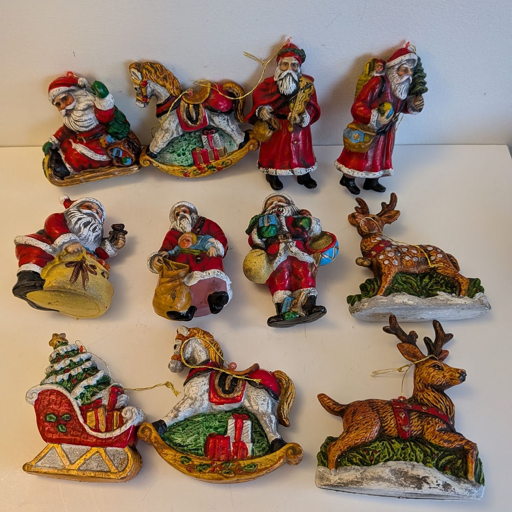 Vintage Mini blow Molds Plastic Christmas Ornaments, Lot Of 11 Santa Reindeer